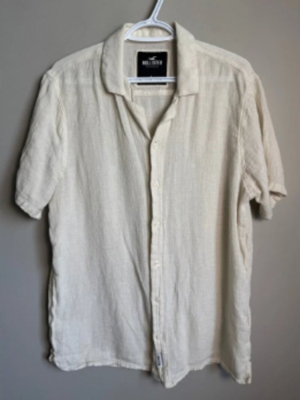 Hollister Short Sleeve Button Up Linen Blend Shirt L Cream Coastal Preppy Beach